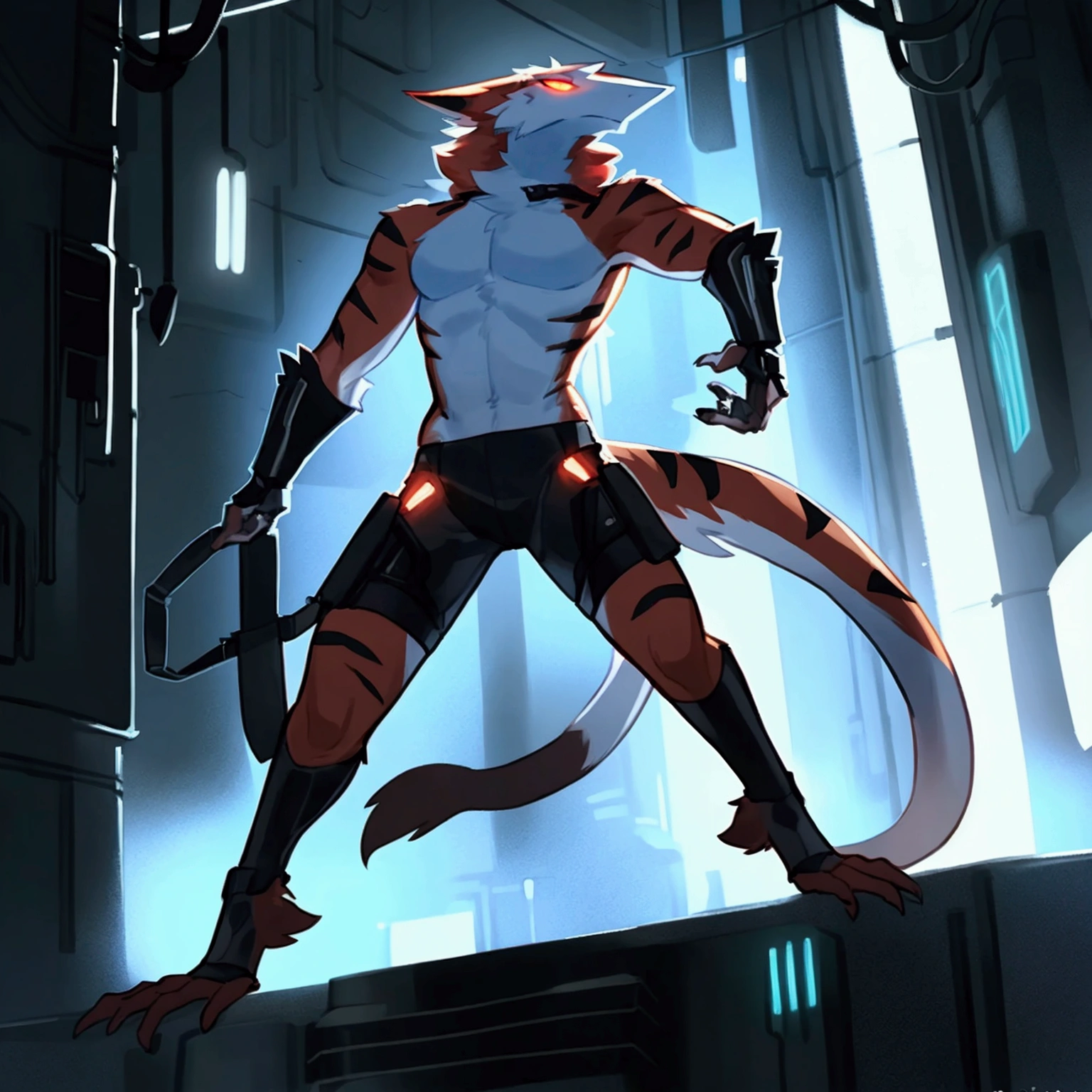 By bebebebebe, by spuydjeks, by buta99, by spikedmauler. athletic male sergal, tigerstrip fur patterns, cyberpunk outfit, hyper detailed, intricate, cinematic lighting, sharp focus, photorealistic, 8k, highres, best quality, masterpiece, extremely detailed, professional, dynamic pose, muscular body, powerful expression, glowing eyes, futuristic technology, neon city background, moody atmosphere, deep shadows, vibrant colors