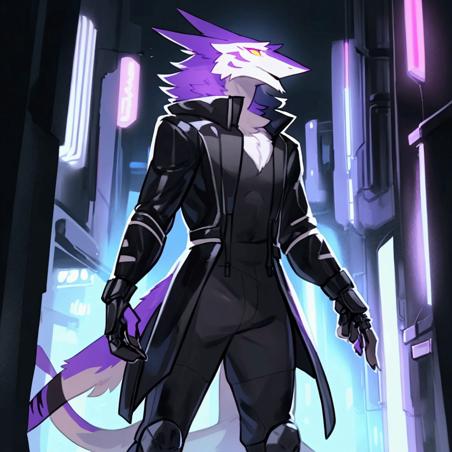 By bebebebebe, by spuydjeks, by buta99, by spikedmauler. athletic male sergal, tigerstrip fur patterns, cyberpunk outfit, hyper detailed, intricate, cinematic lighting, sharp focus, photorealistic, 8k, highres, best quality, masterpiece, extremely detailed, professional, dynamic pose, muscular body, powerful expression, glowing eyes, futuristic technology, neon city background, moody atmosphere, deep shadows, vibrant colors