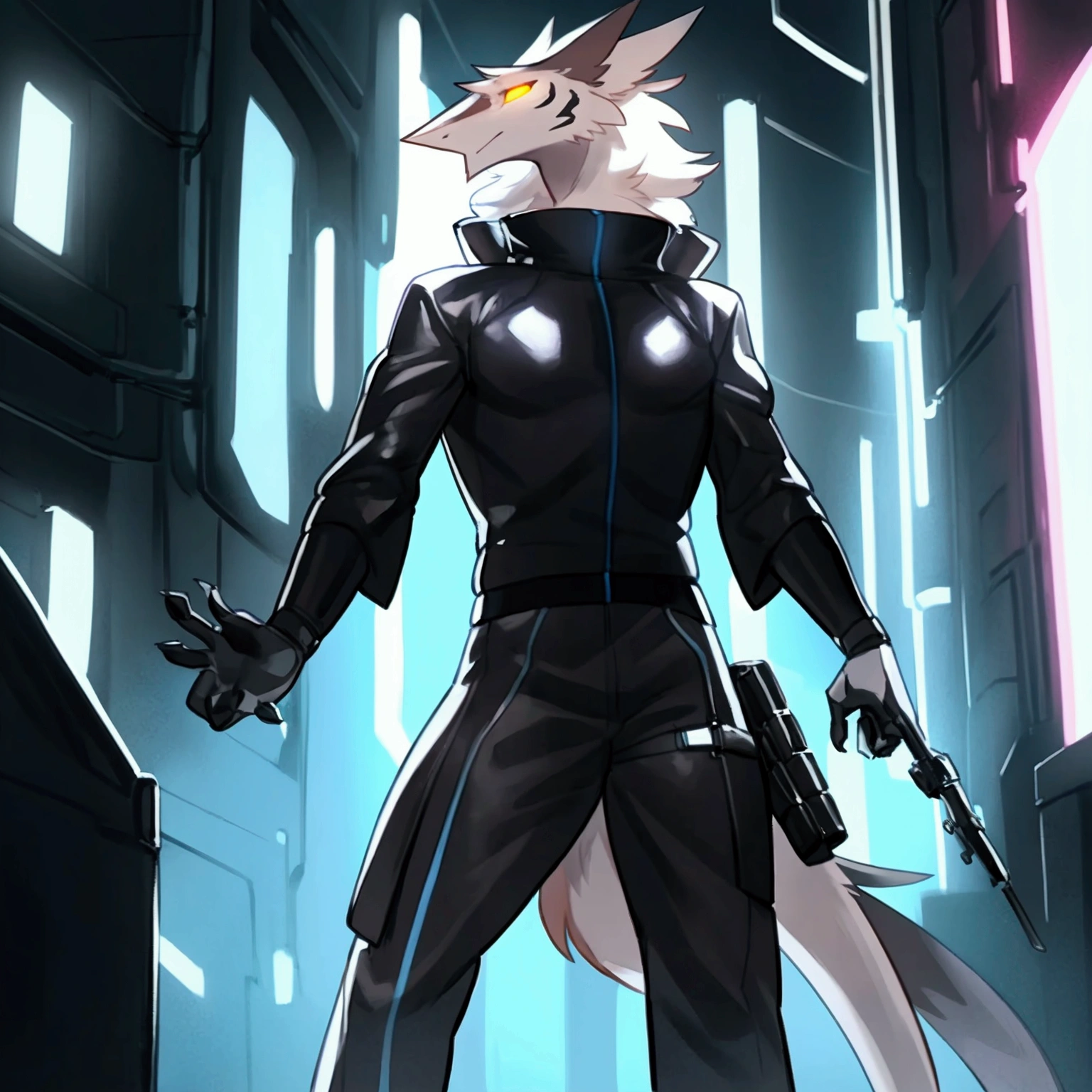 By bebebebebe, by spuydjeks, by buta99, by spikedmauler. athletic male sergal, tigerstrip fur patterns, cyberpunk outfit, hyper detailed, intricate, cinematic lighting, sharp focus, photorealistic, 8k, highres, best quality, masterpiece, extremely detailed, professional, dynamic pose, muscular body, powerful expression, glowing eyes, futuristic technology, neon city background, moody atmosphere, deep shadows, vibrant colors