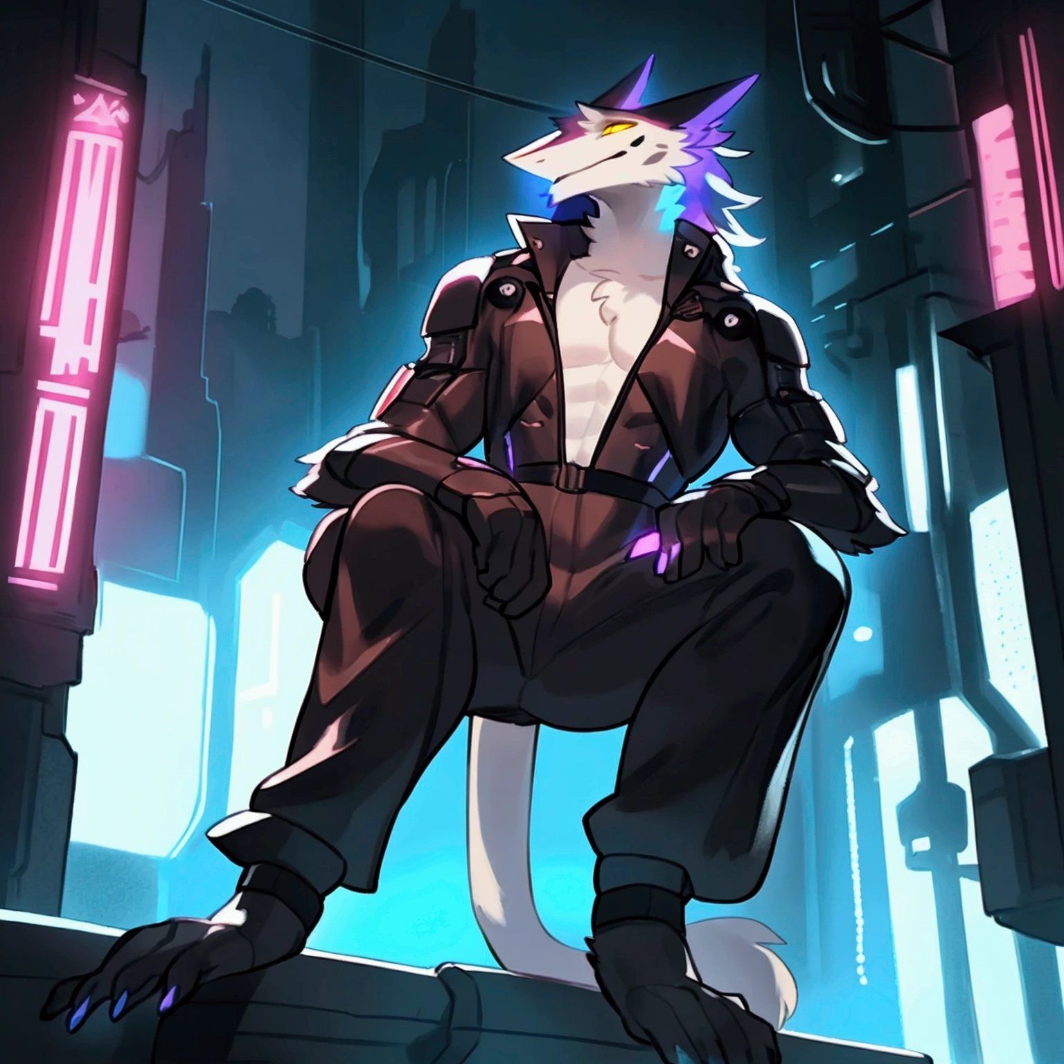 By bebebebebe, by spuydjeks, by buta99, by spikedmauler. athletic male sergal, tigerstrip fur patterns, cyberpunk outfit, hyper detailed, intricate, cinematic lighting, sharp focus, photorealistic, 8k, highres, best quality, masterpiece, extremely detailed, professional, dynamic pose, muscular body, powerful expression, glowing eyes, futuristic technology, neon city background, moody atmosphere, deep shadows, vibrant colors