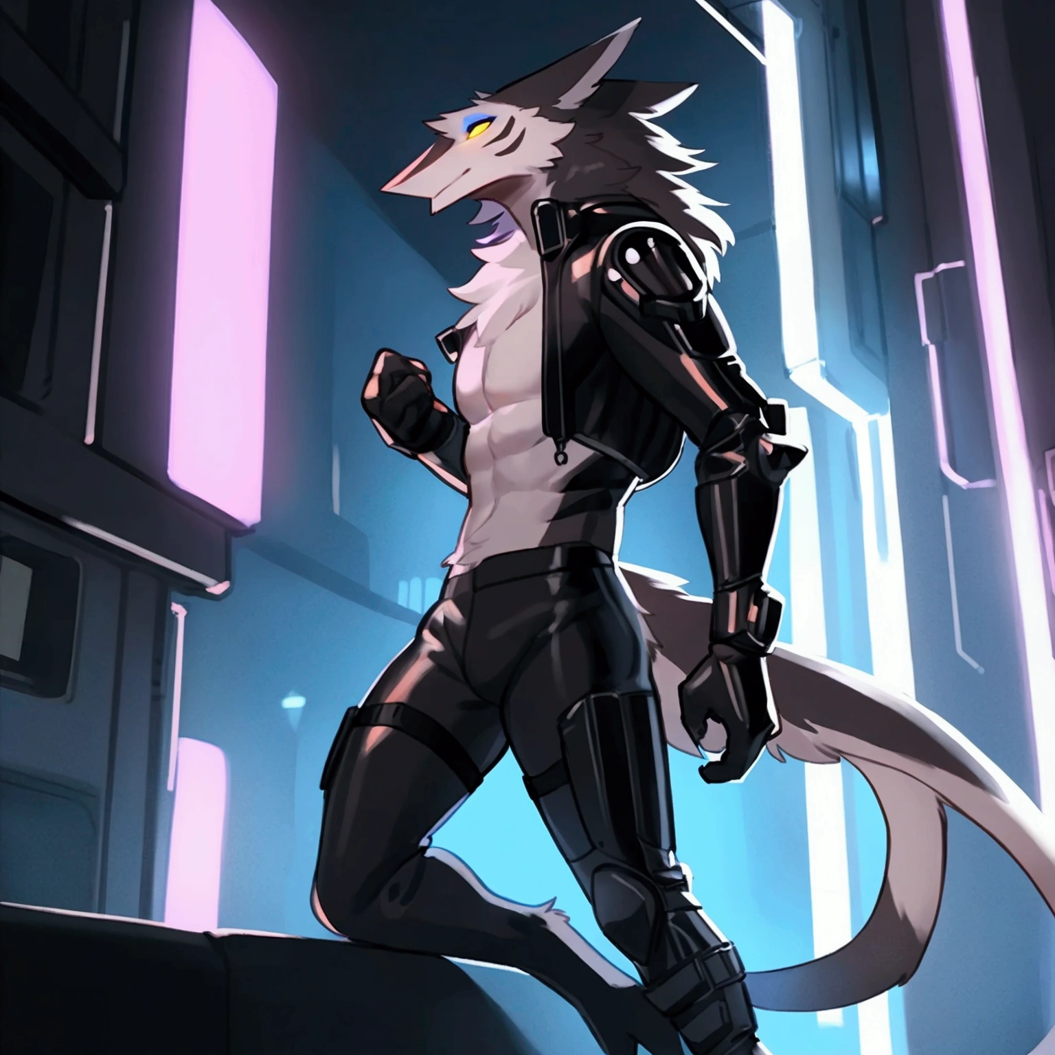 By bebebebebe, by spuydjeks, by buta99, by spikedmauler. athletic male sergal, tigerstrip fur patterns, cyberpunk outfit, hyper detailed, intricate, cinematic lighting, sharp focus, photorealistic, 8k, highres, best quality, masterpiece, extremely detailed, professional, dynamic pose, muscular body, powerful expression, glowing eyes, futuristic technology, neon city background, moody atmosphere, deep shadows, vibrant colors