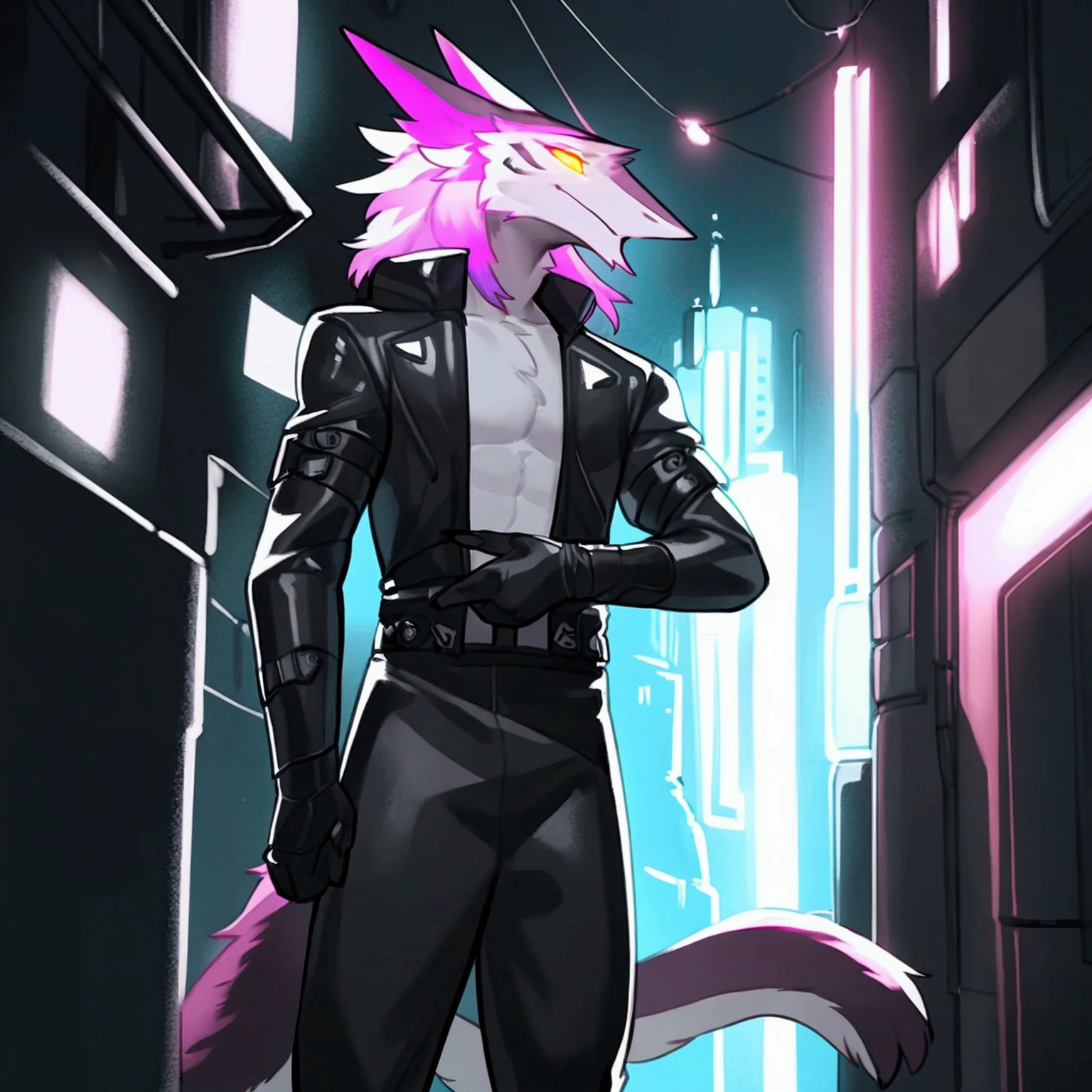 By bebebebebe, by spuydjeks, by buta99, by spikedmauler. athletic male sergal, tigerstrip fur patterns, cyberpunk outfit, hyper detailed, intricate, cinematic lighting, sharp focus, photorealistic, 8k, highres, best quality, masterpiece, extremely detailed, professional, dynamic pose, muscular body, powerful expression, glowing eyes, futuristic technology, neon city background, moody atmosphere, deep shadows, vibrant colors