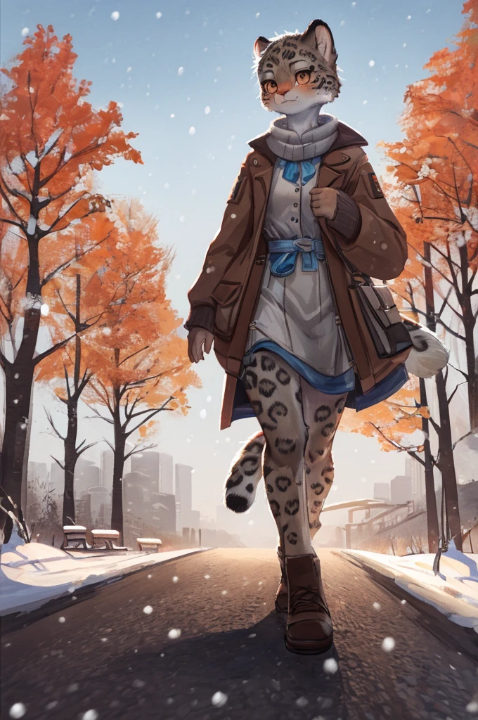 (very detailed illustration: 1.2), best quality, masterpiece, solo, natural lighting, An young anthro female snow leopard with brown eyes, she has snow leopard fur un all her body, she is dressed in casual clothes, she is in a big bright city, she is in a park where there are trees, she is on a gray gravel road walking.