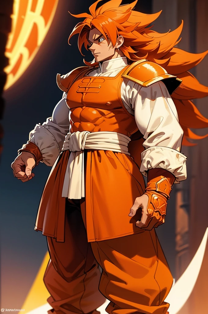 Tanned, somewhat muscular male with long, thick orange saiyan hair, wearing heavy orange armour plating, wearing red feathers around his waist, in fantasy style,