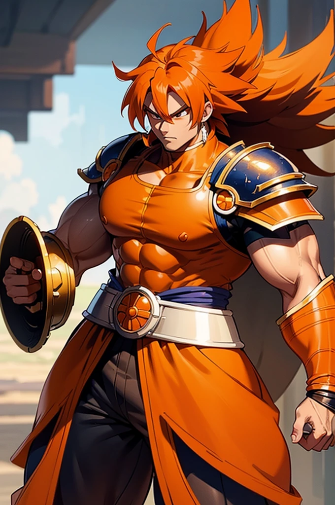 Tanned, somewhat muscular male with long, thick orange saiyan hair, wearing heavy orange armour plating, wearing red feathers around his waist, in fantasy style,
