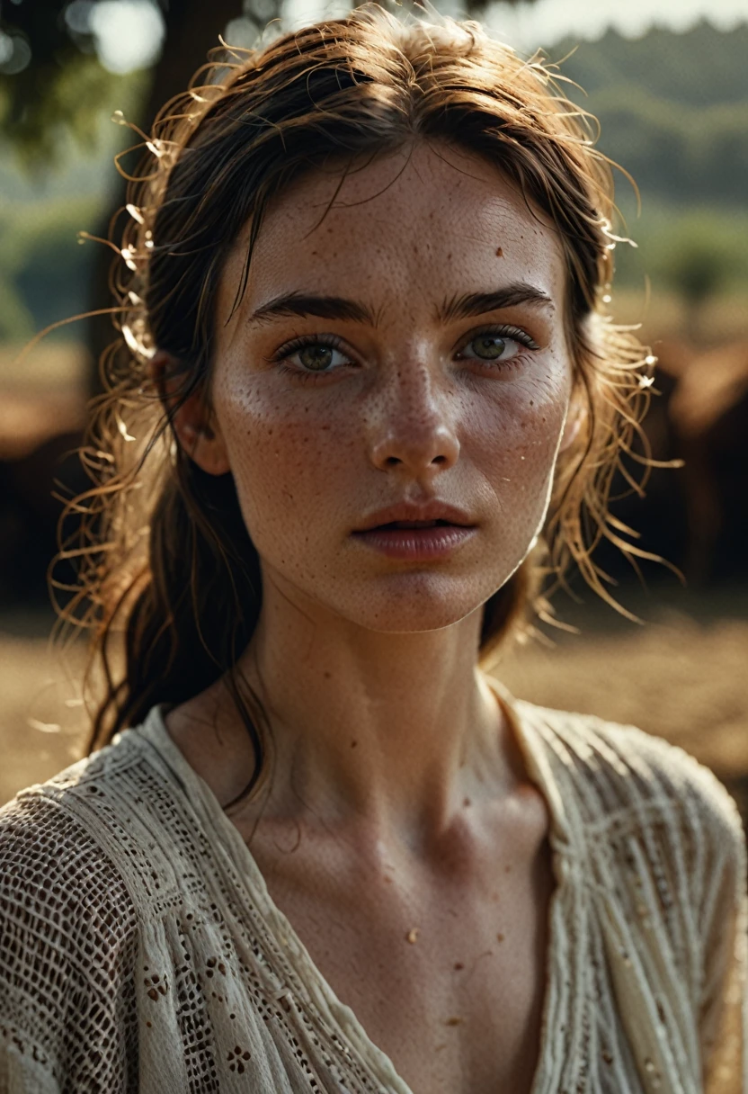 cinematic film still 25 year old farm italian girl,no make up,plain,photograph,highly detailed face,depth of field,moody light,golden hour,style by Dan Winters,Russell James,Steve McCurry,centered,extremely detailed,Nikon D850,award winning photography,waist up visible,lightly freckled,soft eyes,natural skin,high detailed face,high detailed cloth,(pale skin:1.2),glossy photo,Hyperrealistic art cinematic film still photography in the style of detailed hyperrealism photoshoot,RAW,color graded portra 400 film,remarkable color,realistic dull skin noise,Thorough,analog style,highest quality,skin pores,sharp focus,dappled lighting,film grain,photographed on a Sony A7R IV,18mm F/1.7 cine lens,(highly detailed, intricately detailed),8k,HDR,. shallow depth of field,vignette,highly detailed,high budget,bokeh,cinemascope,moody,epic,gorgeous,film grain,grainy