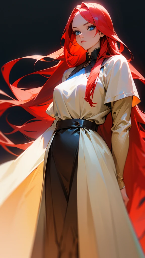 a picture of a woman standing with long blond hair posing over her shoulder, 1girl, long hair, solo, realistic, dress, red hair, blue eyes,