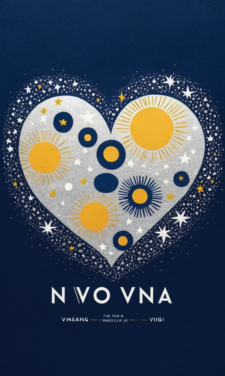 Create a cover with the title “The art of loving” put the word in Spanish with bright silver sparkles, the background has to be navy blue High resolution, abstract, decoration art, American propaganda poster, create eye-catching visual art, small suns vang gogh art Framed, Rounded corners, abstract, minimalism, decoration art, illustration, movie, Video morphism, Naive art, Art, pop art, romance, 