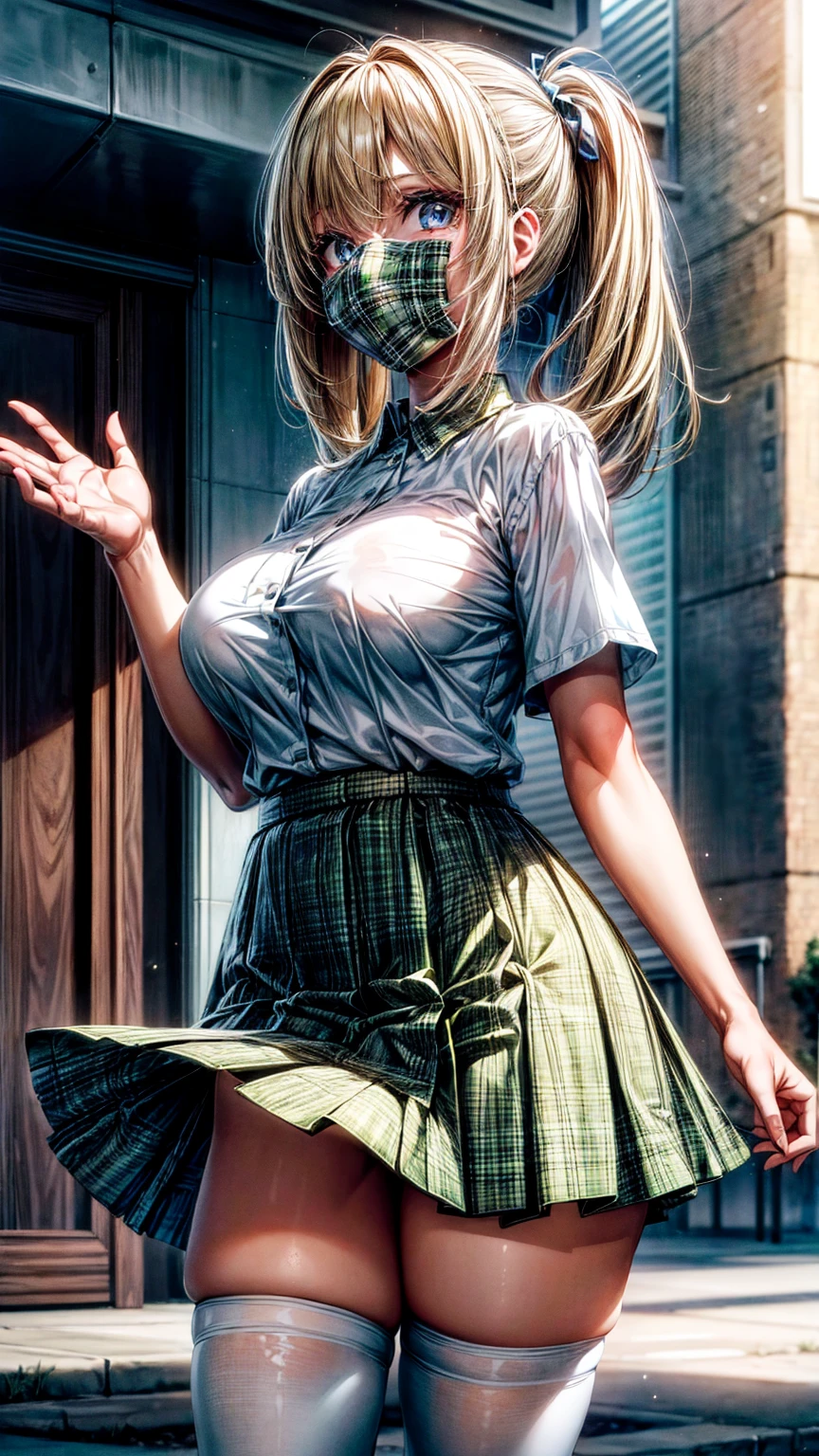 1girl,masterpiece,best quality,blonde hair,(ponytails),blue eyes,(white stockings),(green plaid skirt),short skirt,standing,in full length,medium breasts,white t shirt,in front of streets,extremely detailed,[[realistic]],beautiful alluring anime teen,seductive anime girl,waving skirt