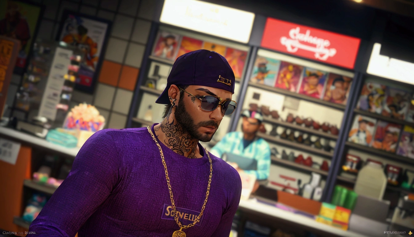 men wearing purple shirt, purple cap, gold chain, tattooed, black glasses