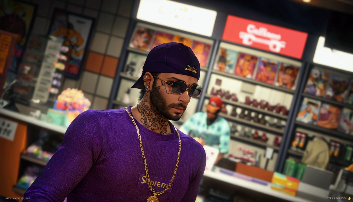 men wearing purple shirt, purple cap, gold chain, tattooed, black glasses