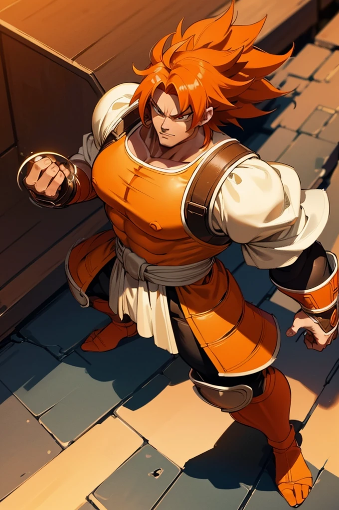 Tanned, athletic male with long, thick orange saiyan hair, not too muscular, wearing heavy orange armour plating, wearing red feathers around his waist, in fantasy style,