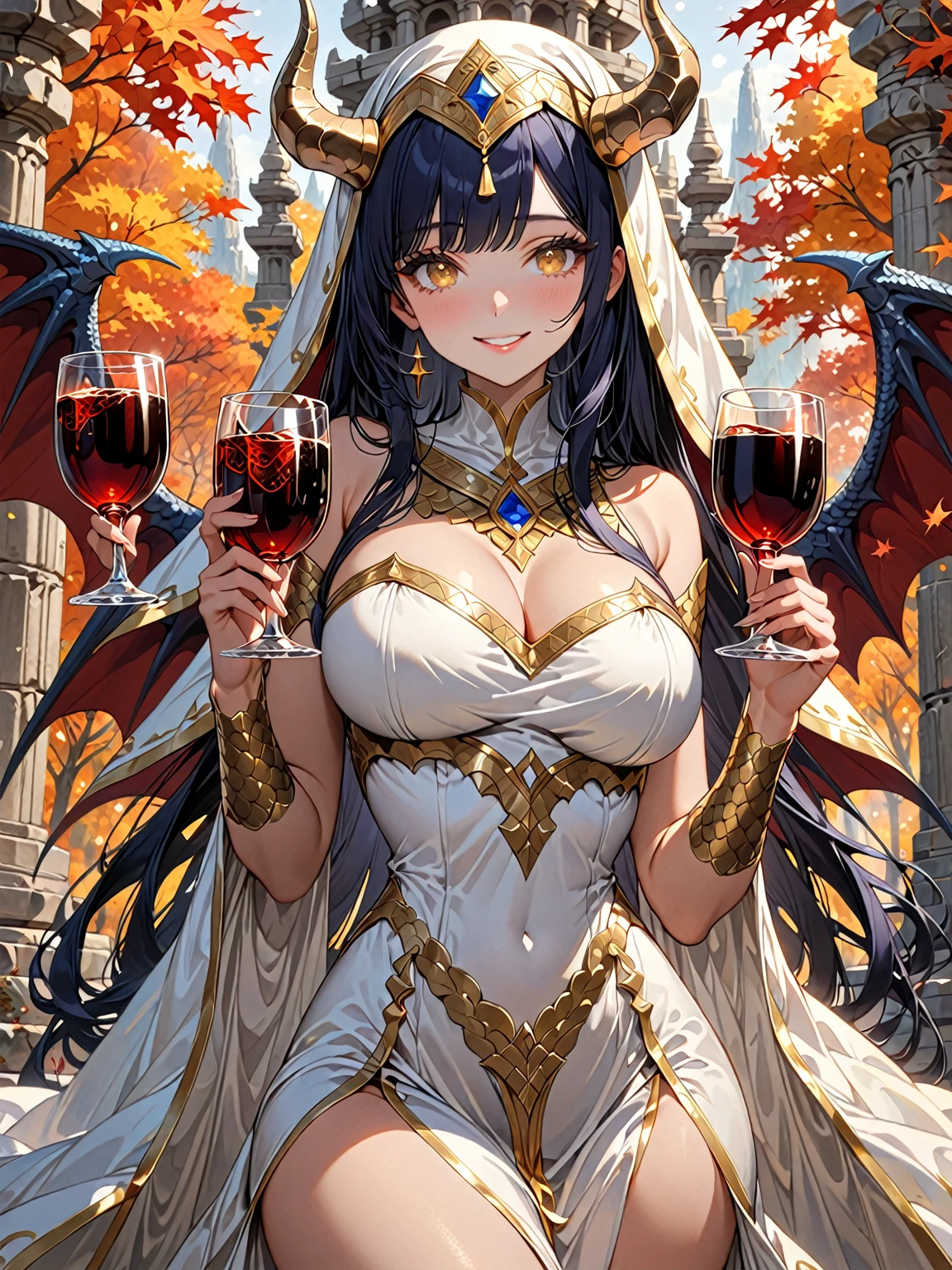 A masterpiece, Very detailed, ultra detailed, Alone, female, long dark blue hair, straight hair, golden eyes with slanted pupils, scales on arms, big breasts, high, ELEGANT DRESS, priestess, gentle smile, outdoor stone temple, hands with scales:1.6, cola, huge horns, autumn forest, close up, broad smile, Chapped lips, long and thick eyelashes, squinted eyes, Santa, white scales, chalice with wine, bare shoulders, scaly tail, head veil, monster-girl, draconic wings