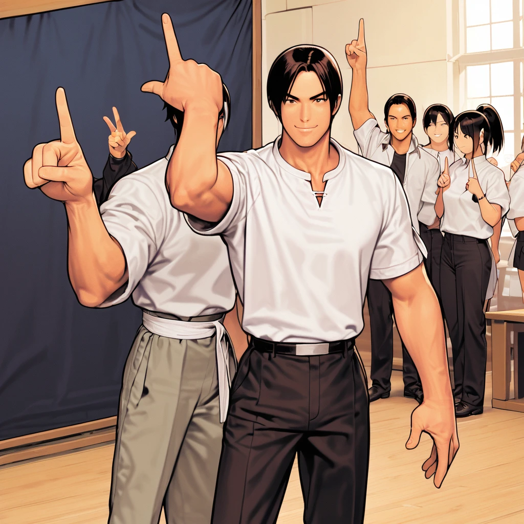 A confident smile, Making a peace sign,Two students、While speaking, he demonstrates a gesture that is often associated with the peace sign.(From teleDEAL), slacks, Black Hair, indoor, smartphone, shirt, ((((Complete faithful finger))))