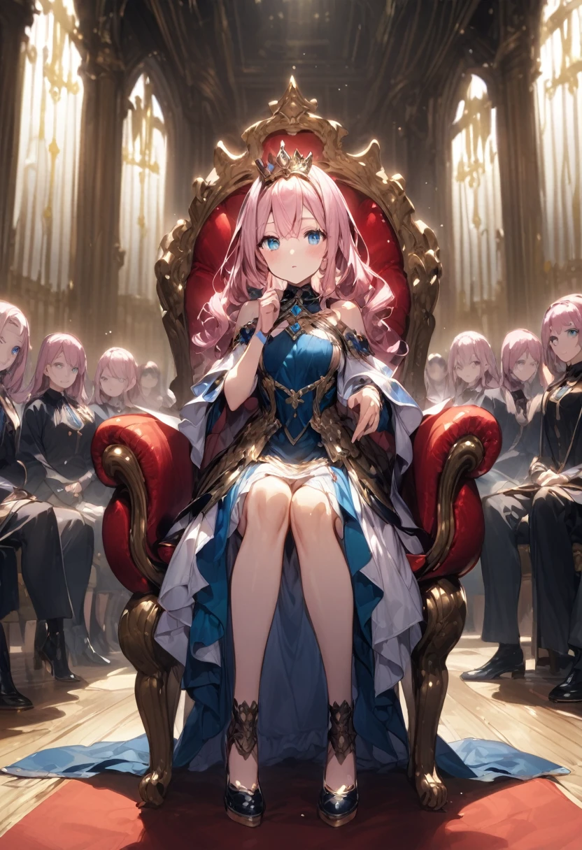 Audience Chamber、Queen sitting on a chair、A vassal kneeling、Girl with pink hair、blue eyes