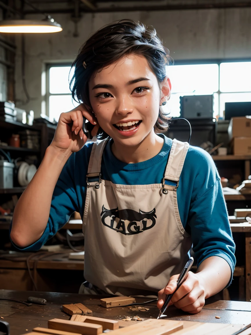 Absurd resolution, high resolution, (masterpiece: 1.4), hyper-detail, young man's messy short black hair, welder dressed up, answering the phone (1.2), happy expression, factory high-tech workbench, tech-sense screen