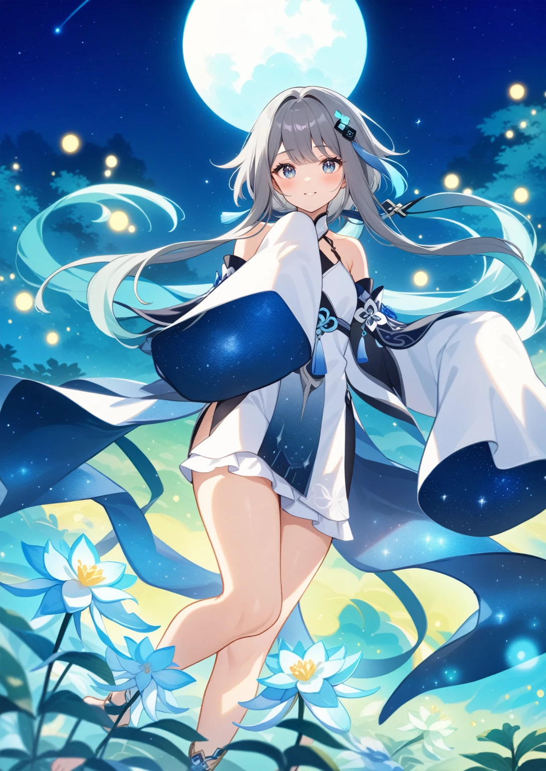 1girl, guizhong_\(genshin_impact\),grey hair with mint gradient,short_hair_with_long_locks in front and low ponytail in back,pale grey eyes with mint gradient,starry_sky_print,detached_sleeves, hands completely hidden by long sleeves,stunning field of softly glowing cerulean and white glaze lilies,night scene,gentle smile,face focus, eye focus,moonlight,glossy lips,vivid anime coloring,cel shading,smooth, soft dreamy focus,anklet,halter_top,white clothes,highly detailed,digital painting,bare_shoulders,barefoot,cool night tones, magical night scene,bokeh, professional,fireflies,Guardian nebula of rainbow and silvery vapor,harmonious blend of nature and art,transcendent beauty,awe-inspiring artwork,(best quality,4k,8k,highres,masterpiece:1.2)