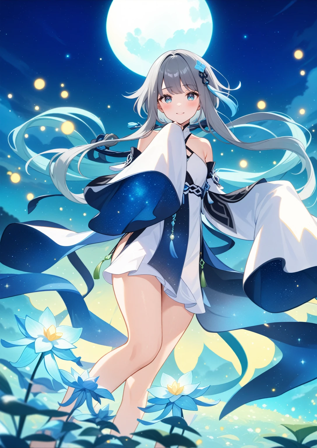 1girl, guizhong_\(genshin_impact\),grey hair with mint gradient,short_hair_with_long_locks in front and low ponytail in back,pale grey eyes with mint gradient,starry_sky_print,detached_sleeves, hands completely hidden by long sleeves,stunning field of softly glowing cerulean and white glaze lilies,night scene,gentle smile,face focus, eye focus,moonlight,glossy lips,vivid anime coloring,cel shading,smooth, soft dreamy focus,anklet,halter_top,white clothes,highly detailed,digital painting,bare_shoulders,barefoot,cool night tones, magical night scene,bokeh, professional,fireflies,Guardian nebula of rainbow and silvery vapor,harmonious blend of nature and art,transcendent beauty,awe-inspiring artwork,(best quality,4k,8k,highres,masterpiece:1.2)