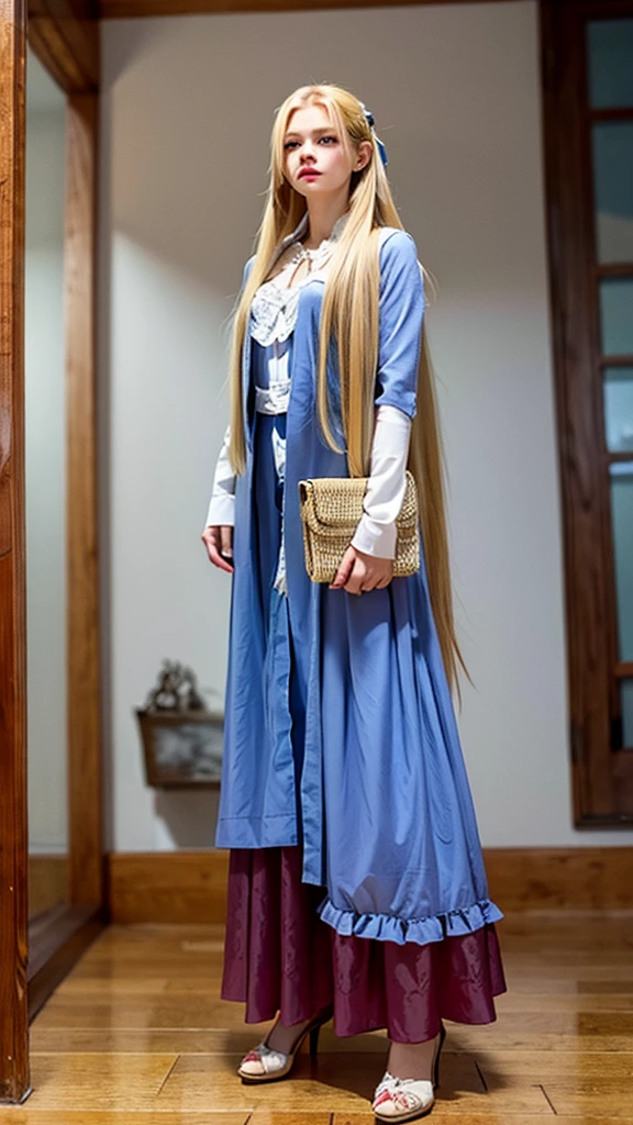 a picture of a woman standing with long blond hair posing over her shoulder, 1girl, long hair, solo, realistic, dress, red hair, blue eyes,
