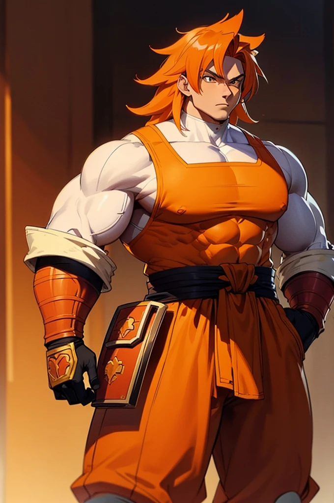 Tanned, athletic male with long, thick orange saiyan hair, not too muscular, wearing heavy orange armour plating, wearing red feathers around his waist, in fantasy style,