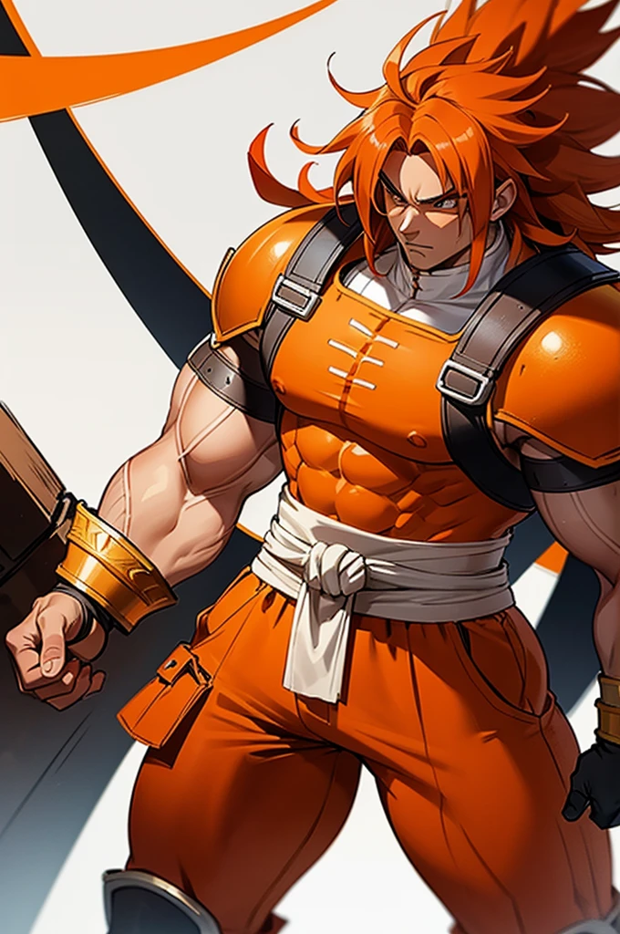 Tanned, athletic male with long, thick orange saiyan hair, not too muscular, wearing heavy orange armour plating, wearing red feathers around his waist, in fantasy style,