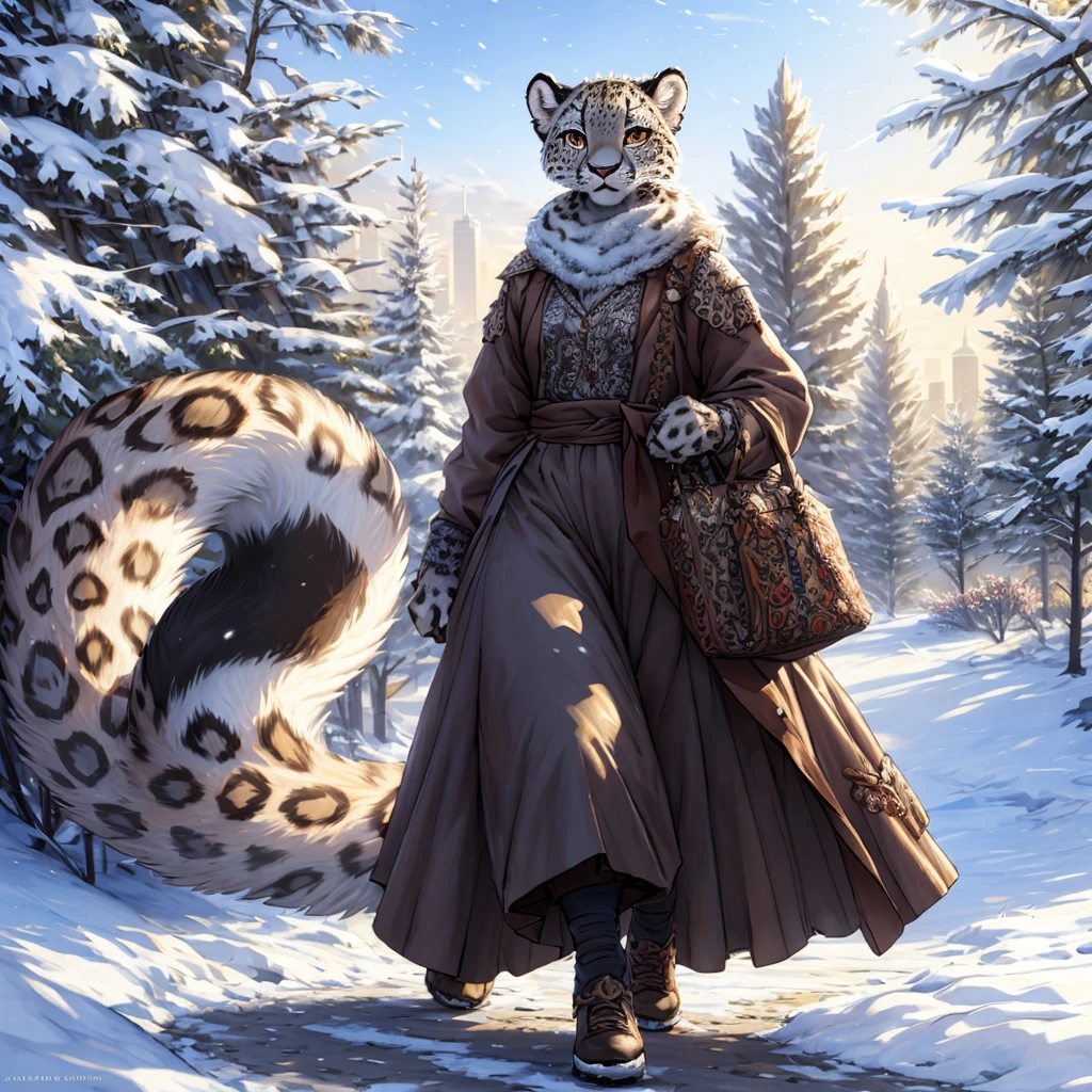 (very detailed illustration: 1.2), best quality, masterpiece, solo, natural lighting, An young anthro female snow leopard with brown eyes, she has snow leopard fur un all her body, she is dressed in casual clothes, she is in a big bright city, she is in a park where there are trees, she is on a gray gravel road walking.