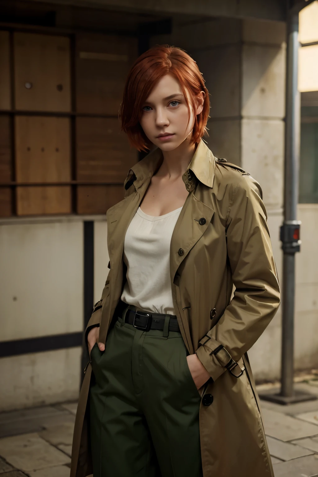 A girl, trench coat, dress shirt, long pants, hands in pockets, staring at another person, focused eyes, short red hair, green eyes, 8k resolution, very detailed, anatomically correct, digital painting, concept art, Makoto Shinkai style, clear picture,