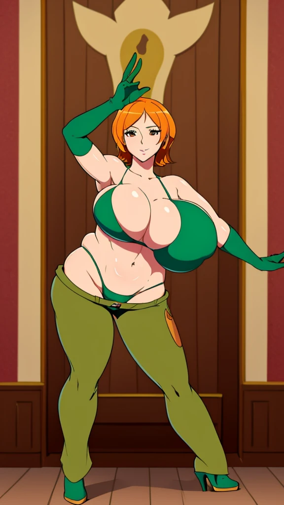 A sexy woman, sensual, beautiful beauty, big breast, short orange hair, squares her brown eye, wearing a green bra and dark green metallic pants, green heels, and a yellow glove.