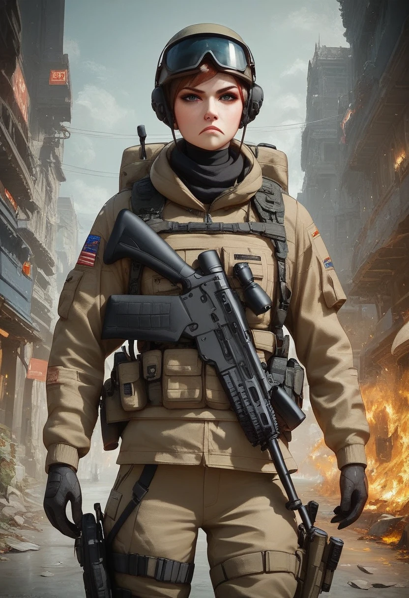 STAR15 Mod, (masterpiece), (Best quality), (ultra detailed), (best illustration),(best shadow), I look at the viewer, cowboy shot, fiery destroyed city background, tactical equipment, tactical bags, (mask:0.8), tactical armor, Assault rifle, gun in holster, (To frown:1.3)