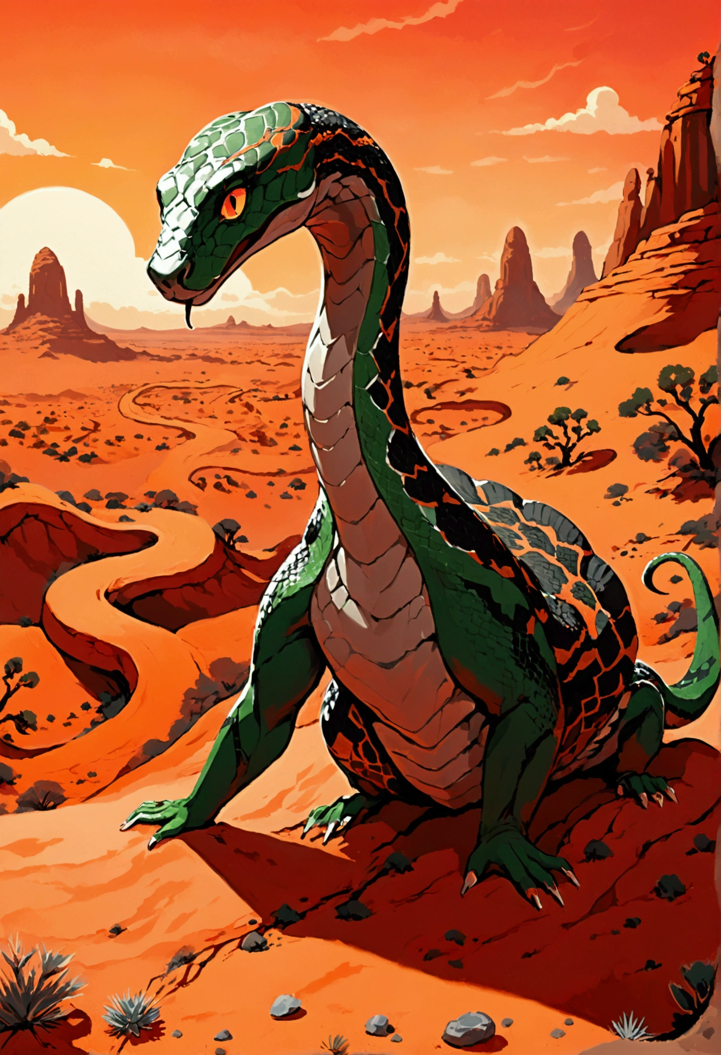 ( best quality ) a giant , green , snake with 6 eys , spades in his back and in his, tail seen in profile on a landscape who's like a desert with a red/orange sky, crawling in the ground ( detailed )