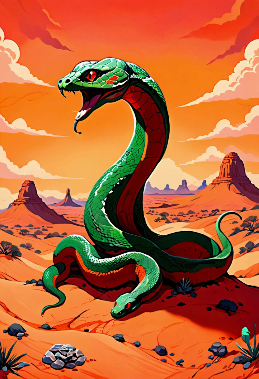 ( best quality ) a giant , green , snake with 6 eys , spades in his back and in his, tail seen in profile on a landscape who's like a desert with a red/orange sky, crawling in the ground ( detailed )