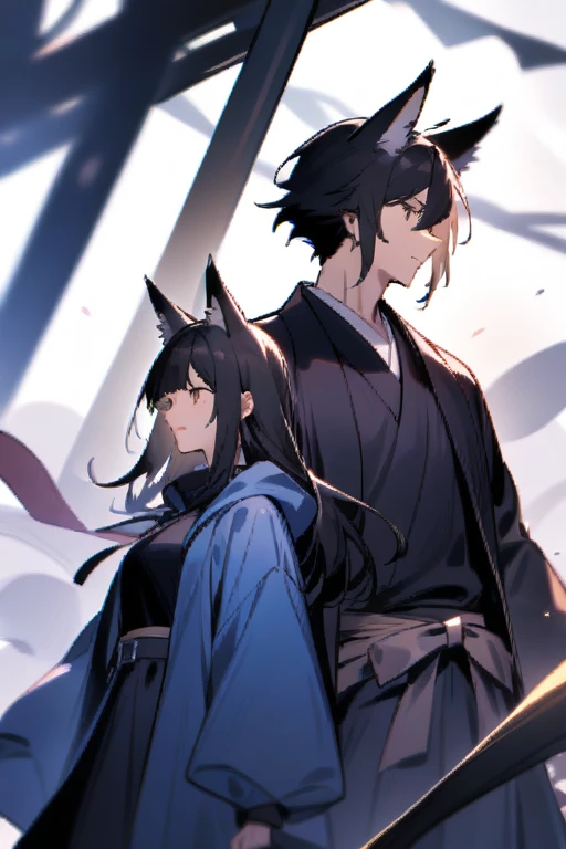 Man and woman with fox ears black hair half body of age 