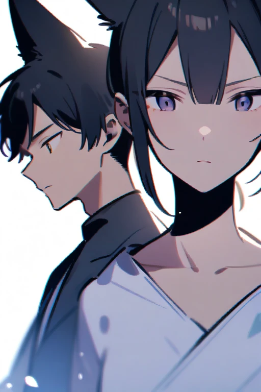 Man and woman with fox ears black hair half body of age
