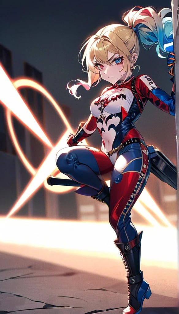 Batleen embodies the legacy of Batman and the redemption of Harley Quinn. In this anime-style design, she wears a combat suit that is predominantly black with dark blue accents and touches of red on the boots and gloves, combining elegance and functionality. Her short cape is aerodynamic, allowing for freedom of movement, and the Batman symbol on her chest is stylised with light blue details. The mask covers the upper half of her face, featuring a softer, more feminine design adorned with subtle details that reflect her unique identity. Batleen's hair is blonde with tips dyed blue and red, either tied up in a high ponytail or left loose depending on the situation. Her expressive eyes, accentuated with bold eyeliner, reveal her determination and internal conflict. She carries personalised batarangs with a diamond design, a collapsible hammer, and advanced technological gadgets. Her athletic and agile physique showcases her prowess in combat and acrobatics, while her confident stance as Batleen contrasts with her more relaxed and approachable demeanour as Harleen Quinzel.