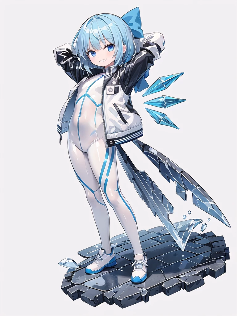 (((high quality))),(((masterpiece))),(((highly detailed))),((illustration style)),(((one girl)))(((cirno))), (touhou),(((short hair,blue hair))),ice wings,(((blue eyes))),(((bangs))),(((white leather jacket))),(((blue full bodysuit))),((latex)), (shiny clothes:1.2),(((grin))),(((full body))),(((arm behind head))),(((model posing))),((((simple white background))),(((Side angle)))