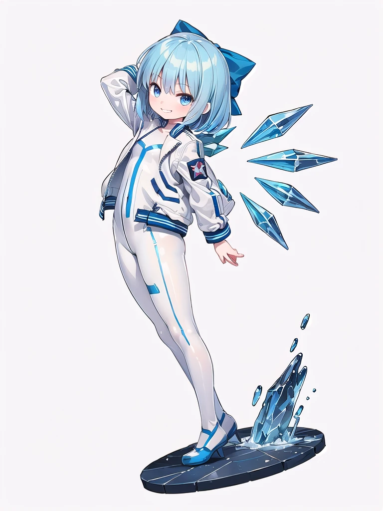 (((high quality))),(((masterpiece))),(((highly detailed))),((illustration style)),(((one girl)))(((cirno))), (touhou),(((short hair,blue hair))),ice wings,(((blue eyes))),(((bangs))),(((white leather jacket))),(((blue full bodysuit))),((latex)), (shiny clothes:1.2),(((grin))),(((full body))),(((arm behind head))),(((model posing))),((((simple white background))),(((Side angle)))