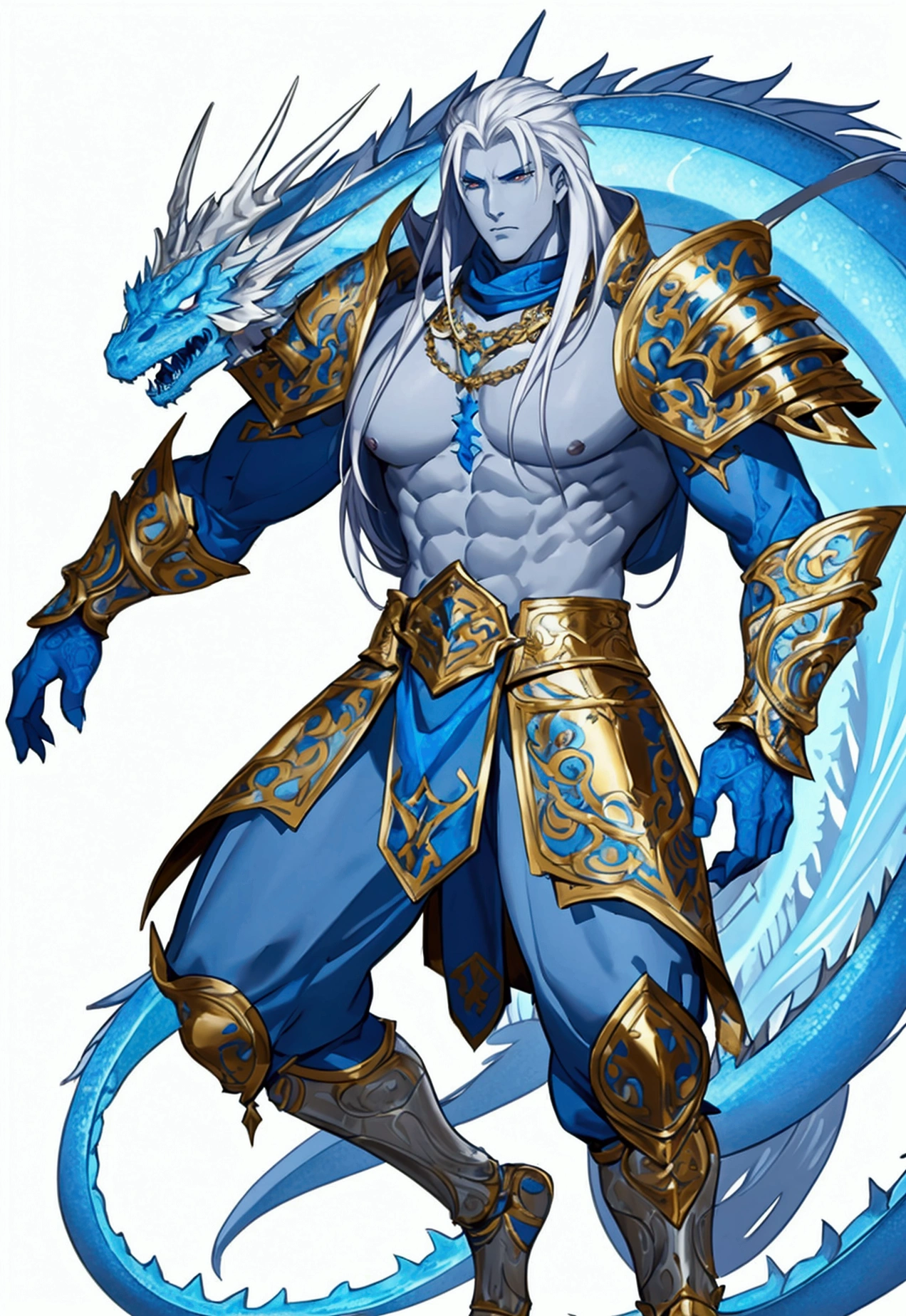 Motion concept character art on white background. dnd. A giant half-blue dragon warlord powerful warrior. Character has perfect body proportions, tall, slim, and muscular. Character wears ornate silver full body armor with a lot of intricate details and gold metal decoration. Background is blank