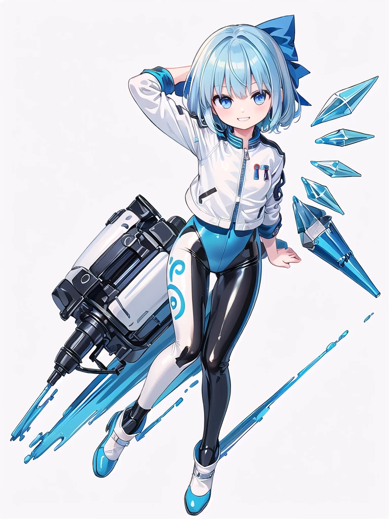 (((high quality))),(((masterpiece))),(((highly detailed))),((illustration style)),(((one girl)))(((cirno))), (touhou),(((short hair,blue hair))),ice wings,(((blue eyes))),(((bangs))),(((white leather jacket))),(((blue full bodysuit))),((latex)), (shiny clothes:1.2),(((grin))),(((full body))),(((arm behind head))),(((model posing))),((((simple white background))),(((Angle from above)))