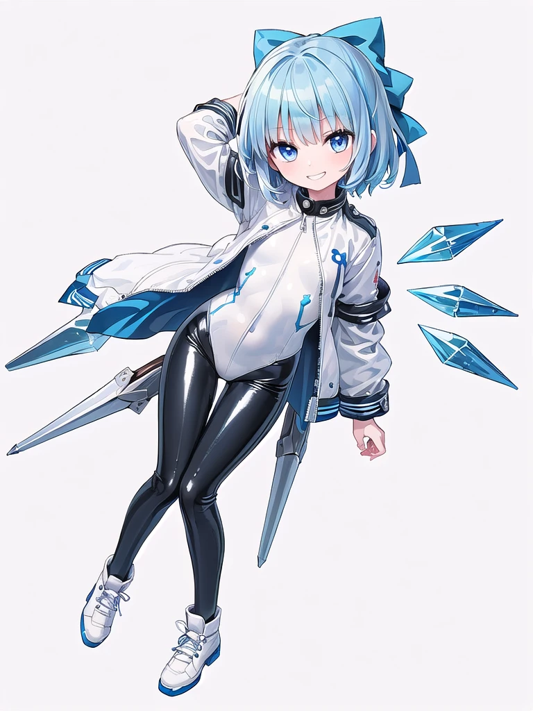 (((high quality))),(((masterpiece))),(((highly detailed))),((illustration style)),(((one girl)))(((cirno))), (touhou),(((short hair,blue hair))),ice wings,(((blue eyes))),(((bangs))),(((white leather jacket))),(((blue full bodysuit))),((latex)), (shiny clothes:1.2),(((grin))),(((full body))),(((arm behind head))),(((model posing))),((((simple white background))),(((Angle from above)))