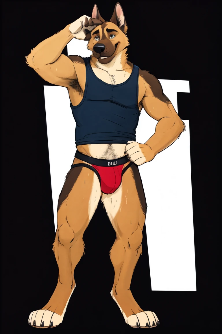 (pinup), Anthro, male, solo, full length portrait, domestic dog,( belgian malinois:1.1), muscular, athletic, abs, smile, digitigrade, barefoot, tanktop ,shirt lift, jockstrap, sweat, sweaty, happy trail, (black background:1.1), digital artwork, (flat colors:1.2), (by adios, by k-9, by paintfox:.8), by delirost, by tritscrits, (detailed fur, detailed fur texture:0), (masterpiece, best quality, high quality, highres, ultra-detailed)