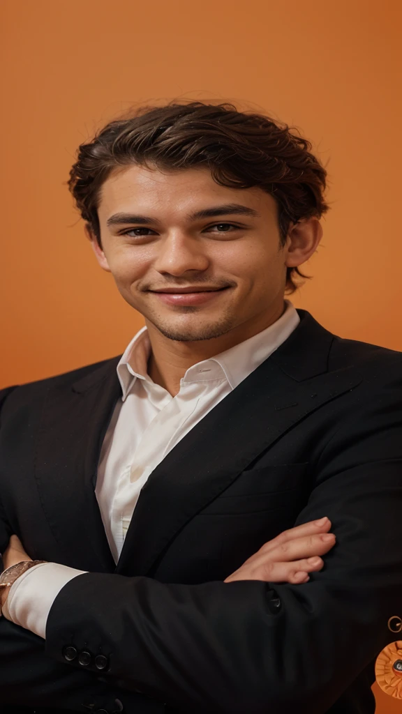 Frontal view , Portrait of man in black suit smiling , orange background editorial style highdefinition ultrarealistic details in the style of portrait photography