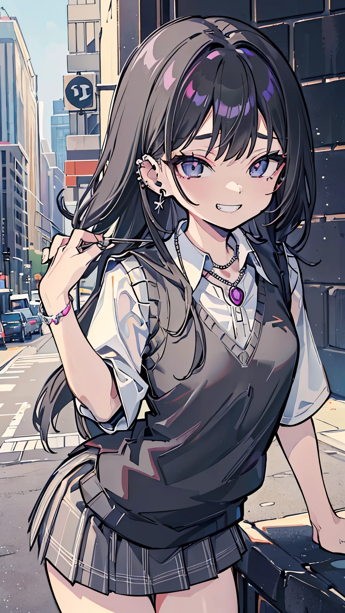 masterpiece、Highest quality、Very detailed))、One girl、Black Hair、Black Hair、Long Hair、Grey Eyes、evil smile、((Grin))、((lots of piercings))、((Small breasts))、((White collared shirt))、((necklace))、((gray sweater vest))、((gray plaid skirt))、((micro miniskirt))、Cowboy Shot、((bent over))、Downtown background
