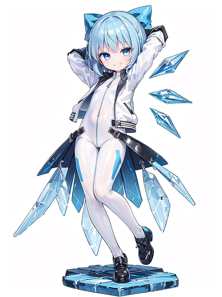 (((high quality))),(((masterpiece))),(((highly detailed))),((illustration style)),(((one girl)))(((cirno))), (touhou),(((short hair,blue hair))),ice wings,(((blue eyes))),(((bangs))),(((white leather jacket))),(((blue full bodysuit))),((latex)), (shiny clothes:1.2),(((grin))),(((full body))),(((arm behind head))),(((model posing))),((((simple white background))),(((Diagonal angle)))