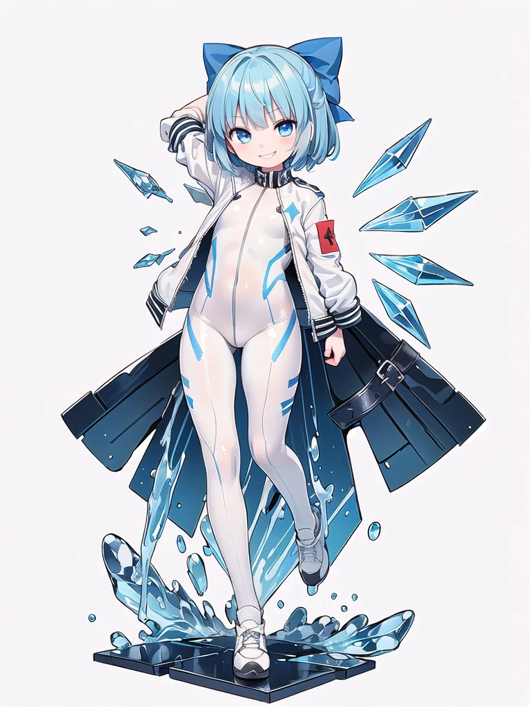 (((high quality))),(((masterpiece))),(((highly detailed))),((illustration style)),(((one girl)))(((cirno))), (touhou),(((short hair,blue hair))),ice wings,(((blue eyes))),(((bangs))),(((white leather jacket))),(((blue full bodysuit))),((latex)), (shiny clothes:1.2),(((grin))),(((full body))),(((arm behind head))),(((model posing))),((((simple white background))),(((Diagonal angle)))