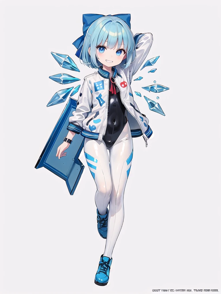 (((high quality))),(((masterpiece))),(((highly detailed))),((illustration style)),(((one girl)))(((cirno))), (touhou),(((short hair,blue hair))),ice wings,(((blue eyes))),(((bangs))),(((white leather jacket))),(((blue full bodysuit))),((latex)), (shiny clothes:1.2),(((grin))),(((full body))),(((arm behind head))),(((model posing))),((((simple white background))),(((Diagonal angle)))