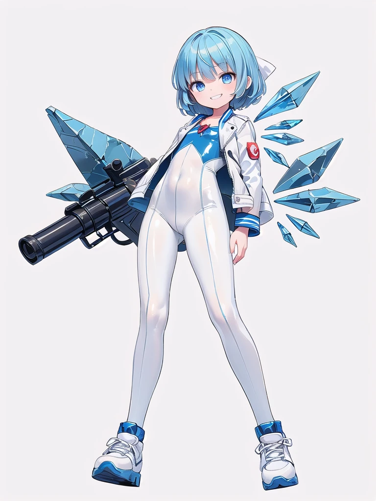 (((high quality))),(((masterpiece))),(((highly detailed))),((illustration style)),(((one girl)))(((cirno))), (touhou),(((short hair,blue hair))),ice wings,(((blue eyes))),(((bangs))),(((white leather jacket))),(((blue full bodysuit))),((latex)), (shiny clothes:1.2),(((grin))),(((full body))),(((arm behind head))),(((model posing))),((((simple white background))),(((Angle from below)))