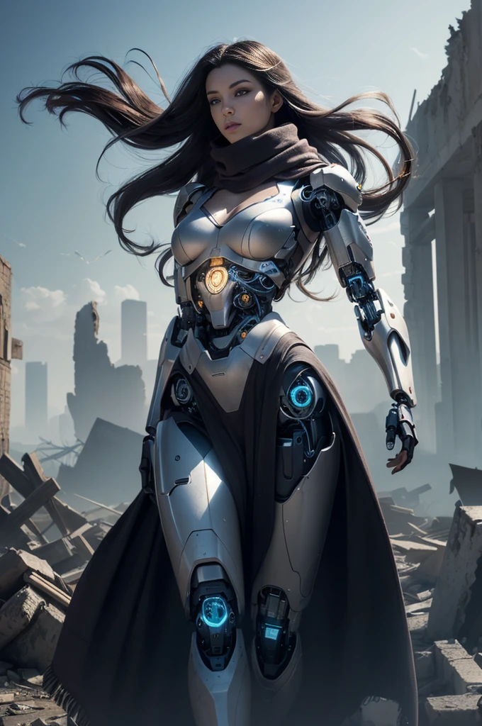 (1 skinny female cyborg :1.3), confidence, futuristic aerodynamic heavy mechanical arm, unreal engine, (extremely long voluminous hair :1.7), ((long scarf), wide flowing robe, (strong directional wind), abandoned ruins