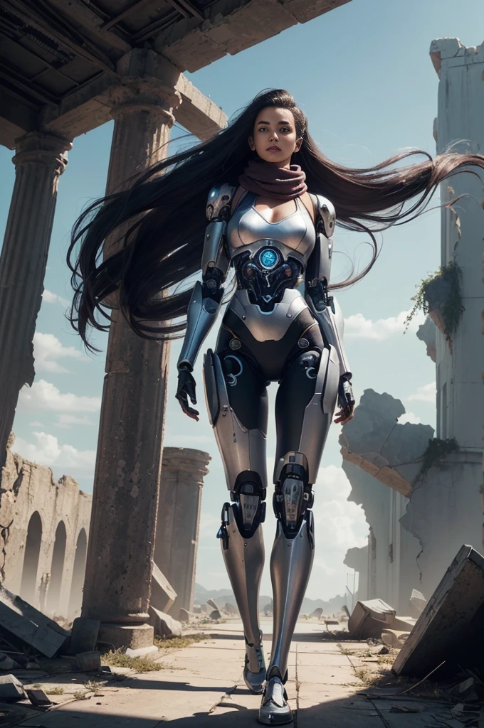  (1 skinny female cyborg :1.3), confidence, futuristic aerodynamic heavy mechanical arm, unreal engine, (extremely long voluminous hair :1.7), ((long scarf), wide flowing robe, (strong directional wind), abandoned ruins