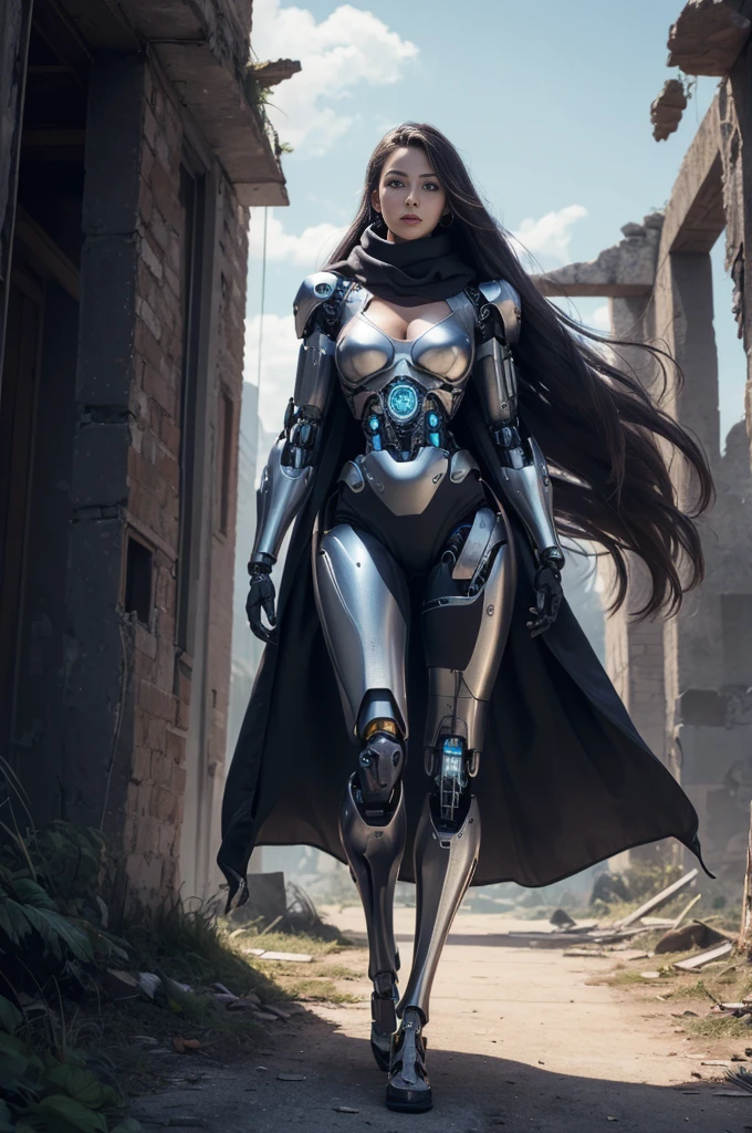  (1 skinny female cyborg :1.3), confidence, futuristic aerodynamic heavy mechanical arm, unreal engine, (extremely long voluminous hair :1.7), ((long scarf), wide flowing robe, (strong directional wind), abandoned ruins