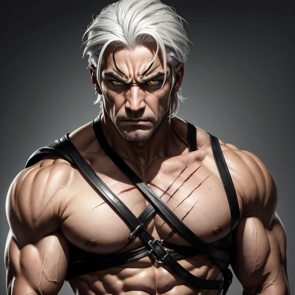 Strong muscular man giving an angry look (high quality) he has white hair yellow eyes a scar on his face a red line starting from his eyebrow to under his eye high quality 